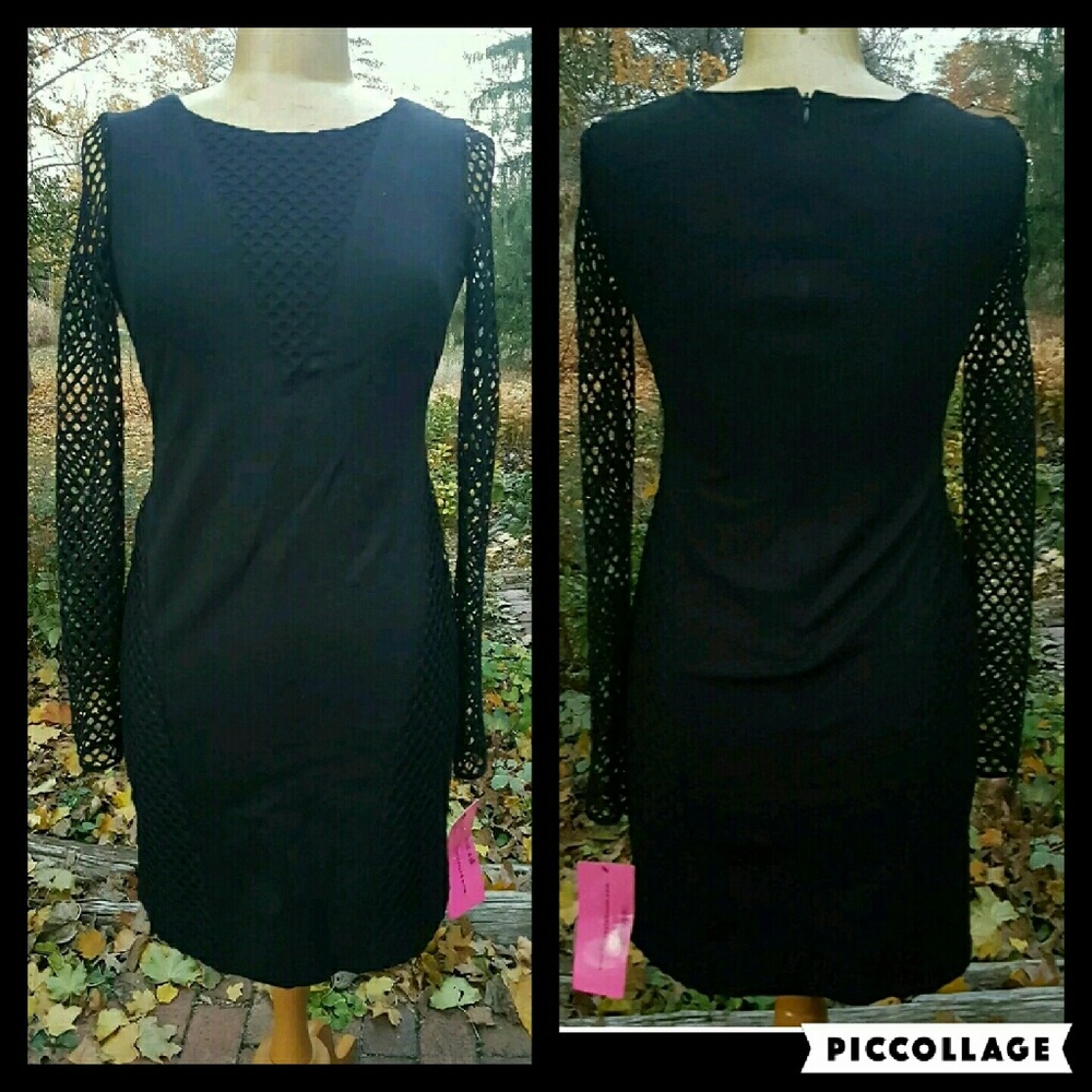 Betsey Johnson Black Netted Macrame Sleeve Gothic Secretary Bodycon Dress NWT
